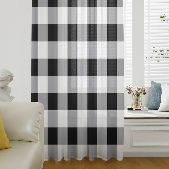 Vintage Farmhouse Semi Sheer Curtains Drapes for Living Room, Bedroom, French Doors Window 84 Inches Long, Black and White Checkered Rod Pocket Chiffon Curtain Drapery Voile Draperies Panel