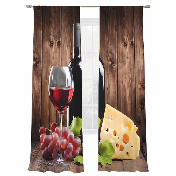 Vintage Farmhouse Sheer Curtains for Living Room Bedroom, Wine Cheese Grapes Brown Wood Grain Light Filtering Sheer Curtains, Rod Pocket Voile Window Drapes, 2 Panels Set 52"x 96"