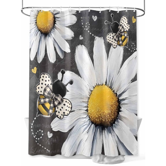 Vintage Farmhouse Shower Curtain, Daisy Bee Bathroom Decor Curtains Set with Hooks, Blackboard White Yellow Waterproof Fabric Home Accessories， 72 X 72 Inch Long