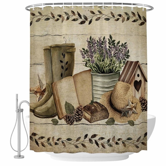 Vintage Farmhouse Shower Curtain Set - Extra Long 72" x 96" Washable Bathtub Curtain with 12 Hooks, Retro Country Boots Flowers Leaf Wooden Plank Waterproof Fabric Shower Curtains for Bathroom Décor