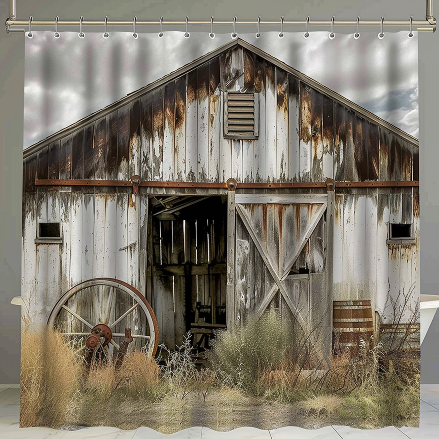Vintage Farmhouse Shower Curtain with Rustic Barn Doors and Overgrown