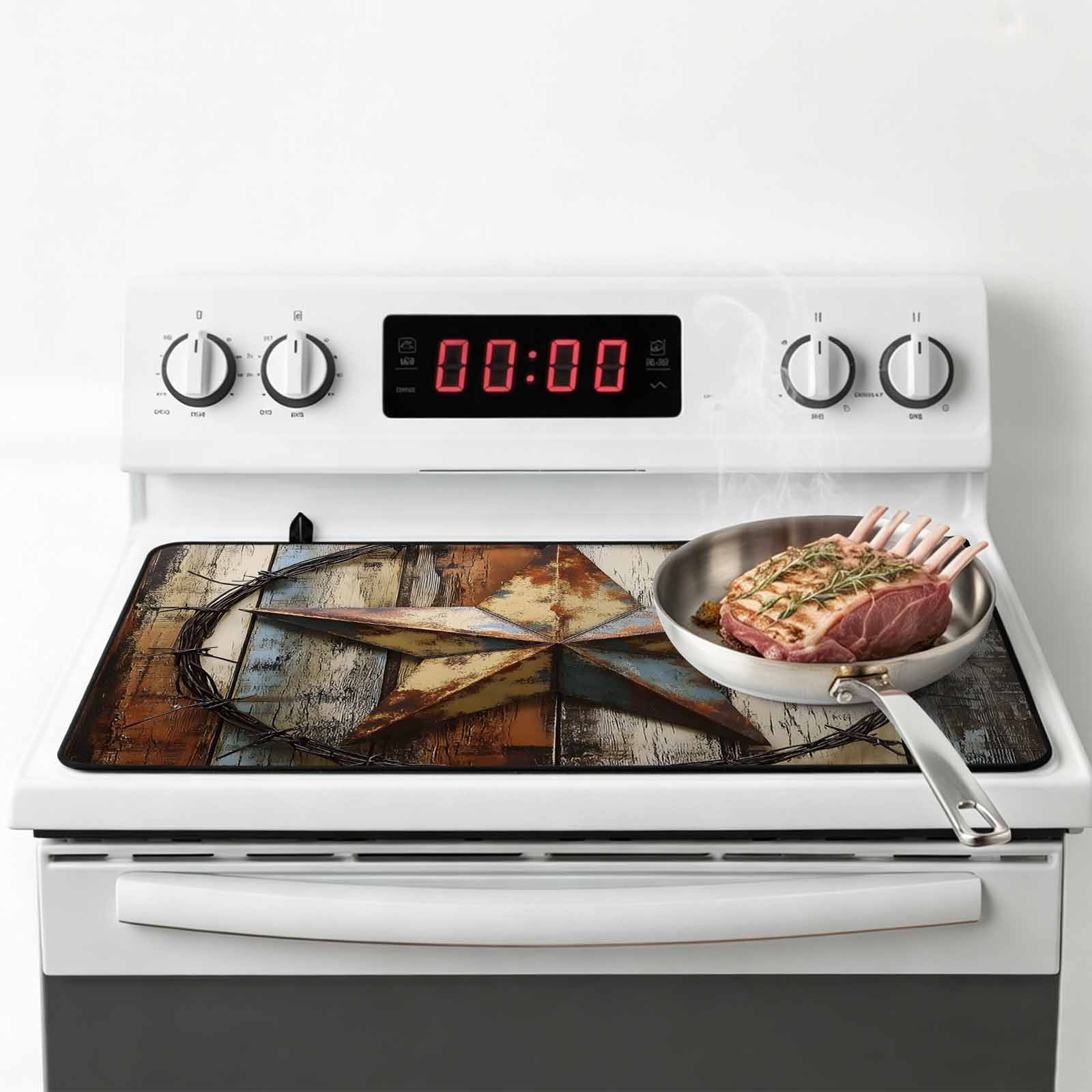 Vintage Farmhouse Stove Top Cover for Electric Stove, Heat-proof & Non Slip Glass Top Stove Cover Protector, Country Western Texas Star Wood Grain Kitchen Flat Cooktop Rubber Mat 24x21 Inches