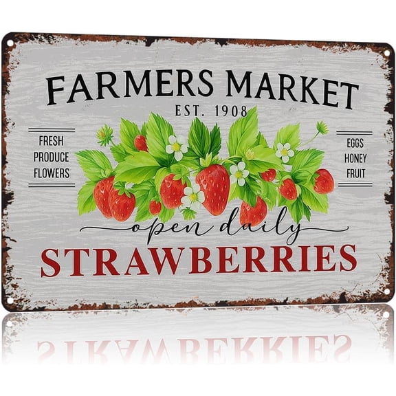 Vintage Farmhouse Strawberries Metal Tin Sign 8x12 Inch Rustic Wall Decor for Kitchen Bathroom Living Room