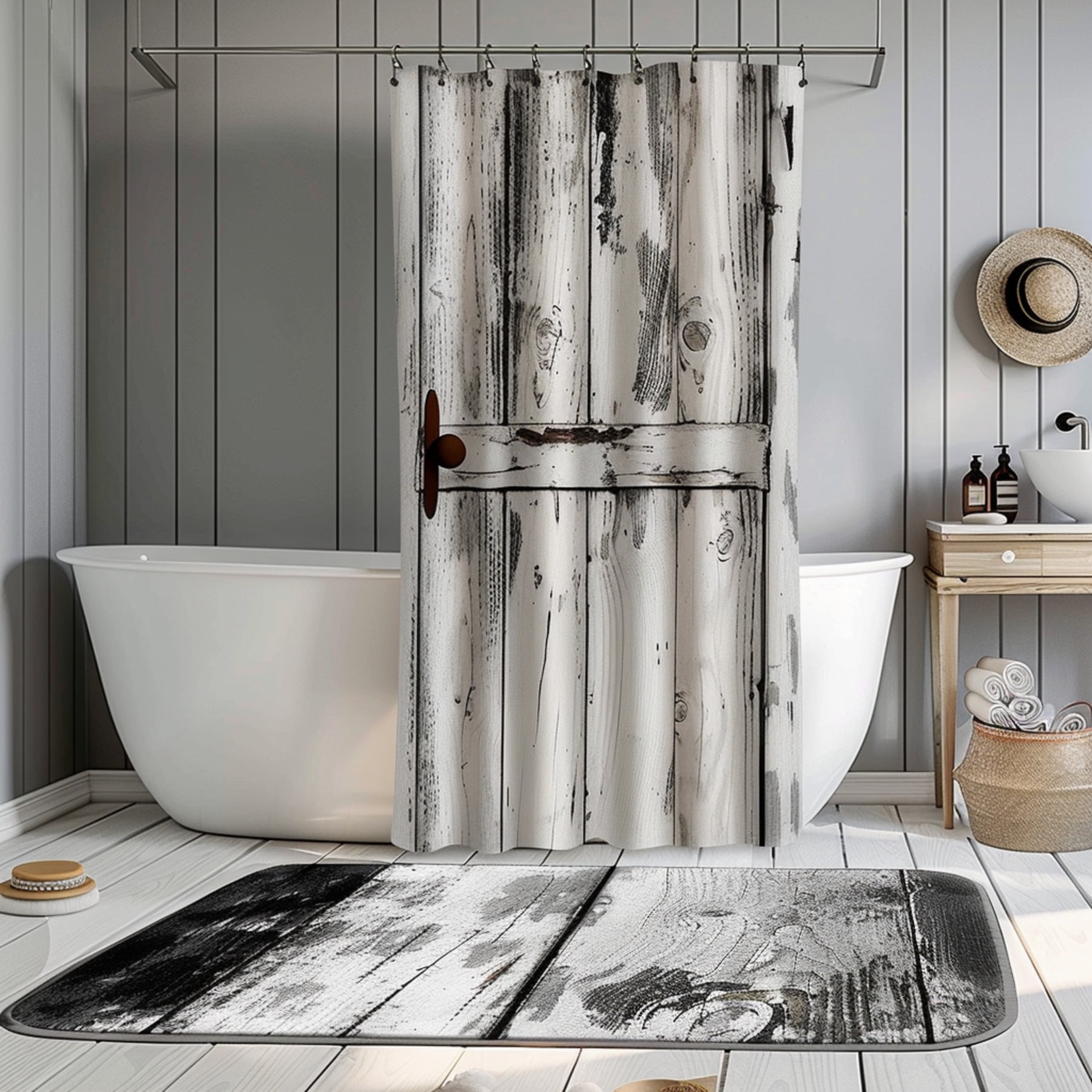 Vintage Farmhouse Style Shower Curtain with Black White Wood Texture