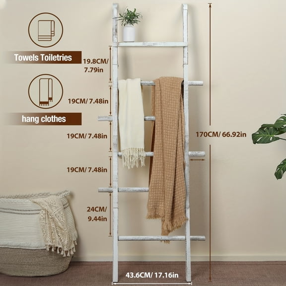 Vintage Farmhouse Style Solid Wood A-Frame Blanket Ladder Rack, Easy Assembly Freestanding Towel and Blanket Holder for Bathroom or Bedroom Storage and Seasonal Decor