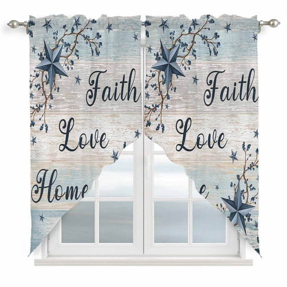 Vintage Farmhouse Swag Curtains for Kitchen/Bedroom/Living Room, Blue Country Texas Star Vines Wooden Scalloped Curtains 63 Inch Long, Window Swag Topper Curtains Valances 2 Panels Set 36"x63"