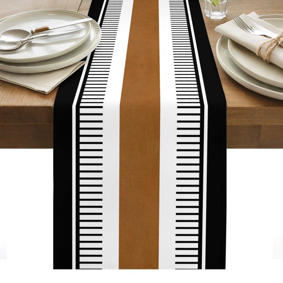Vintage Farmhouse Table Runner, Leather Brown Black Texture Stripes Cotton Linen Kitchen Dining Table Runner Cloth Dresser Scarf Decoration for Party Home Decor 13x48in