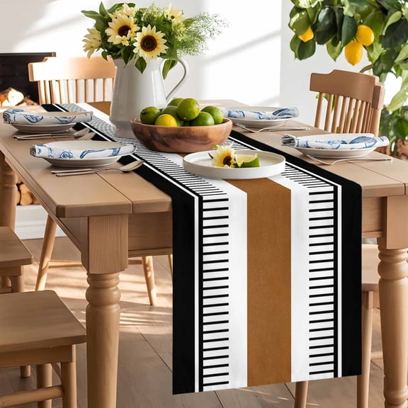 Vintage Farmhouse Table Runner, Leather Brown Black Texture Stripes Washable Kitchen Table Runners Dress Scarves for Dining Table Decorations Party/Restaurant/Indoor Outdoor Use, 13x36in