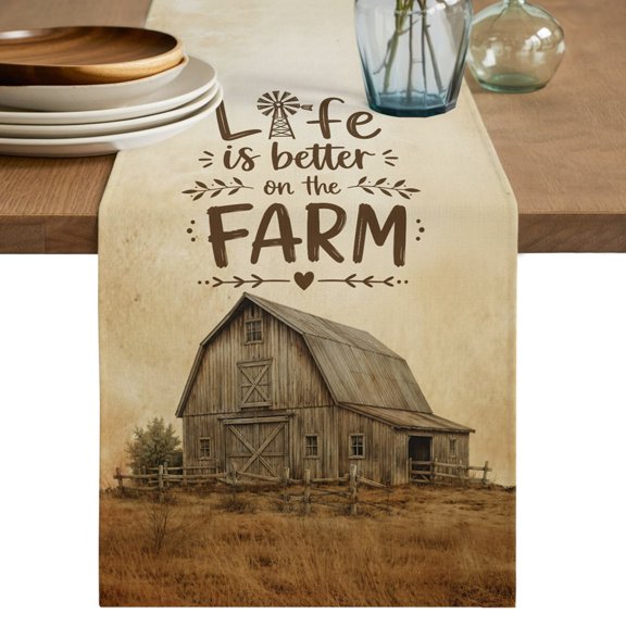 Vintage Farmhouse Table Runner, Vintage Farm Broken Wooden Fence Dry Hay Field Cotton Linen Table Cloth, Tablerunner for Kitchen Dining Party Wedding Home Decor 13x36 Inch