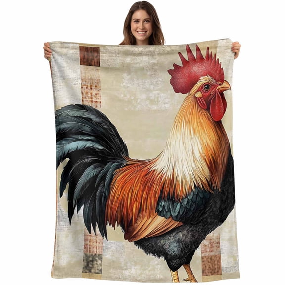 Vintage Farmhouse Throw Blankets, Watercolor Rooster Pattern Soft Fleece Blanket Decorative for Home Sofa Couch Chair Living Bedroom, 30x40 Inches, Red Brown