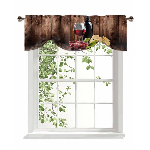 Vintage Farmhouse Tie Up Valances Curtain, Adjustable Kitchen Wine Cheese Grapes Brown Wood Grain Valances for Windows Decor, Rod Pocket Short Curtains Set for Bedroom/Bathroom, 42"x12"