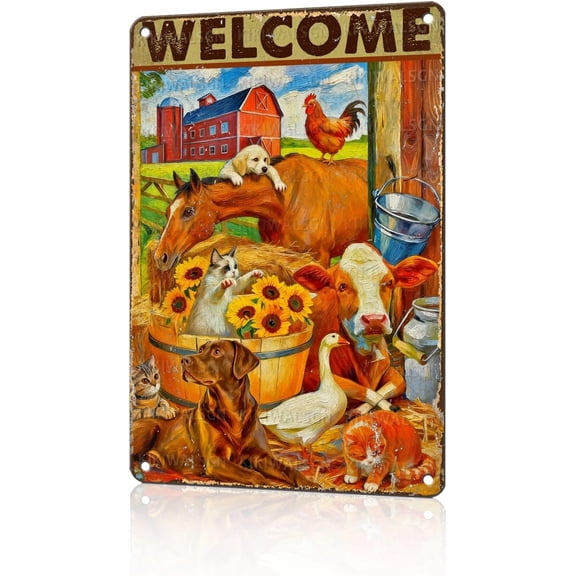Vintage Farmhouse Tin Sign Cow Dog Cat Pig Chicken Retro Welcome Metal Sign Funny Animal Lovers Nostalgic Rustic Wall Decor For Home Farm Yard Outdoor Cafe 12 * 8 In