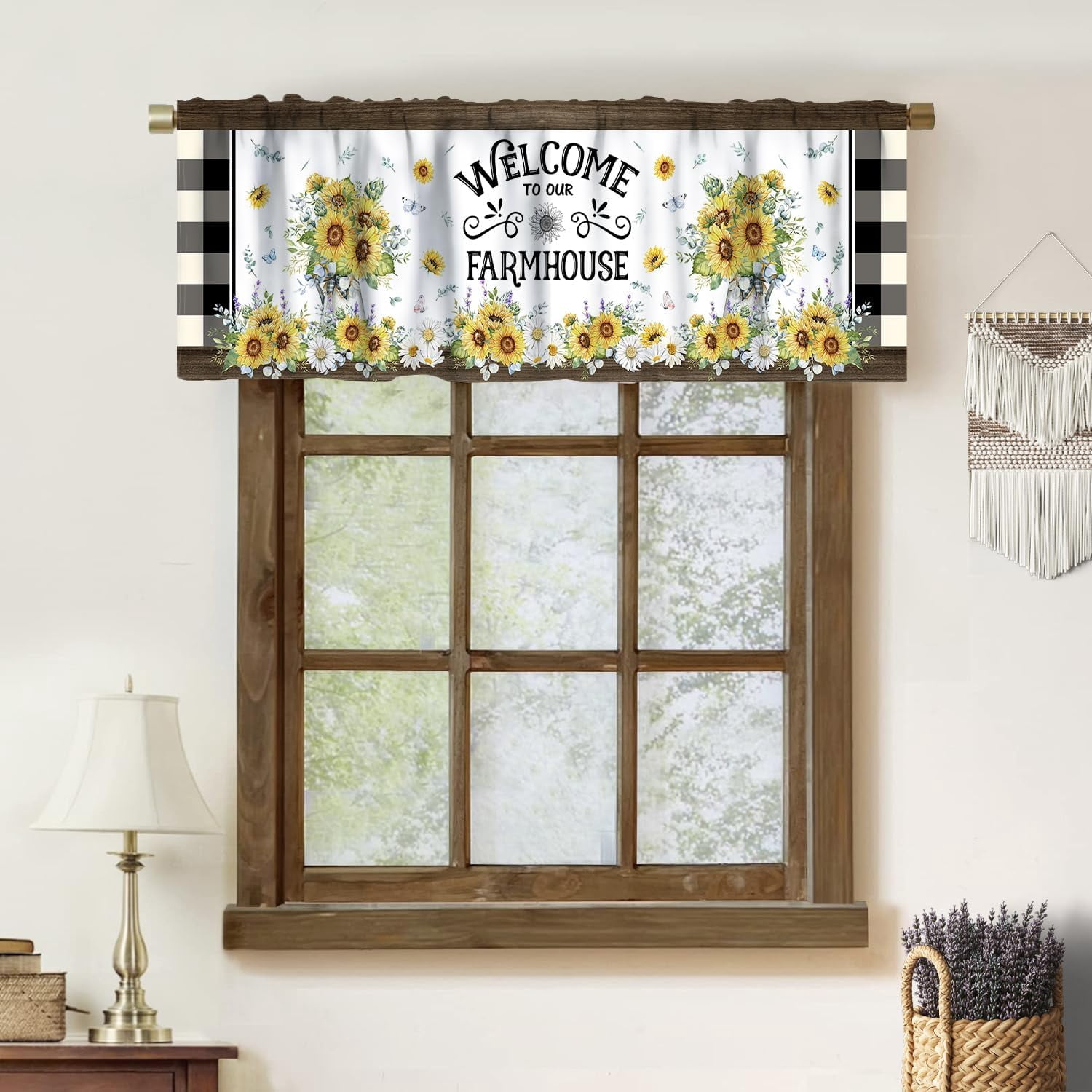 Vintage Farmhouse Valance Curtain, Rural Wood Plank Sketch Animal ...
