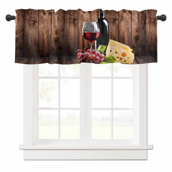 Vintage Farmhouse Valances for Windows Wine Cheese Grapes Brown Wood Grain Rod Pocket Curtain Valance Window Treatment Short Curtains for Kitchen Living Room, 60"x14"