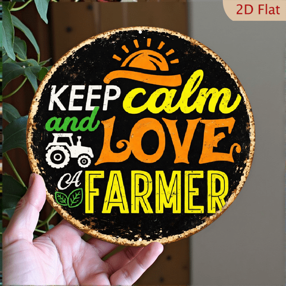 Vintage Farmhouse Wall Decor Keep Calm and Love a Farmer Round Metal Sign Rustic Tractor Aluminum Wall Art for Kitchen Farm Home Decor 8x8 Inches