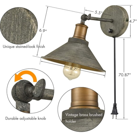 Vintage Farmhouse Wall Sconces Hardwired or Plug-in Bedroom Bath Wall Lamps Set of 2 with on/Off Switch