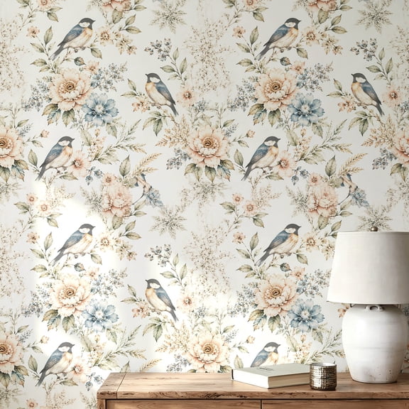 Vintage Farmhouse Watercolor Floral Bird Wallpaper Peel and Stick Contact Paper Waterproof Boho Wall Decor for Living Room Bedroom Bathroom Kitchen Cabinet Drawer Rental Property 17.7 * 118 in