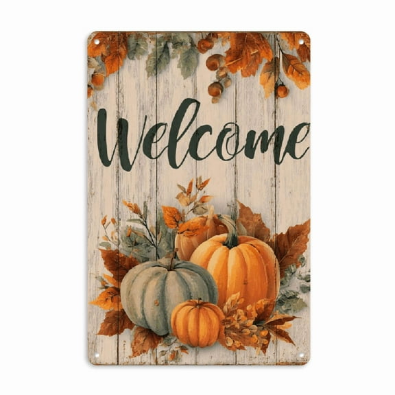Vintage Farmhouse Welcome Sign - Heavy-Duty Iron Metal Wall Decor with Pumpkin Fall Leaves Design - Rustic Thanksgiving Decoration for Front Door, Cafe - Autumn Harvest Plaque 8x12 Inches