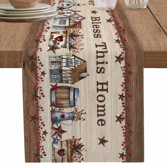 Vintage Farmhouse Western Star on Wood Barn Table Runner-70 Inch Long Home Quote Table Runners Linen Burlap Tablerunner for Kitchen Dining Room Holiday Party