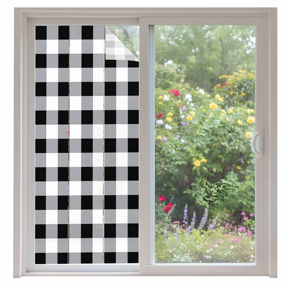 Vintage Farmhouse Window Privacy Film Black White Buffalo Check Plaid Decorative Glass Window Film UV Blocking Static Cling Non-Adhesive Sticker Covering for Home Door 35.4x78.7 inches