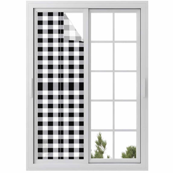 Vintage Farmhouse Window Privacy Film, Black and White Checkered Static Cling UV Sun Blocking Heat Control Window Tint Day and Night, Non-Adhesive Reusable One Way Windows Privacy Cover 17.7''x78.7''