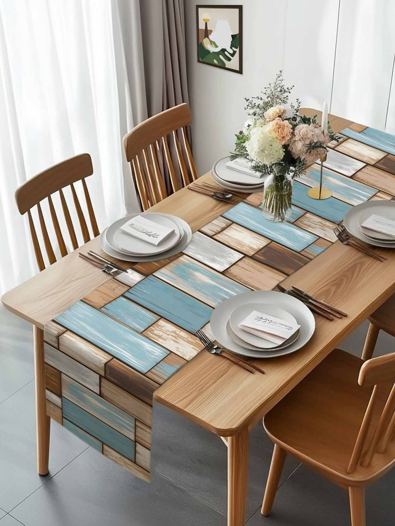 Vintage Farmhouse Wooden Board Table Runner 90 Inches Long, Rustic Blue Brown Wood Plank Table Runners Tabletop Scarf Kitchen Dining Tables Decoration for Home Party Indoor Outdoor