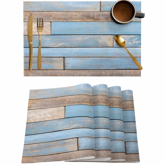 Vintage Farmhouse Wooden Plank Placemats Set of 4,Wipeable Washable Table Mats for Dining Tables,Blue Brown Wood Grain Place Mats for Kitchen Event Party Tabletop Decor