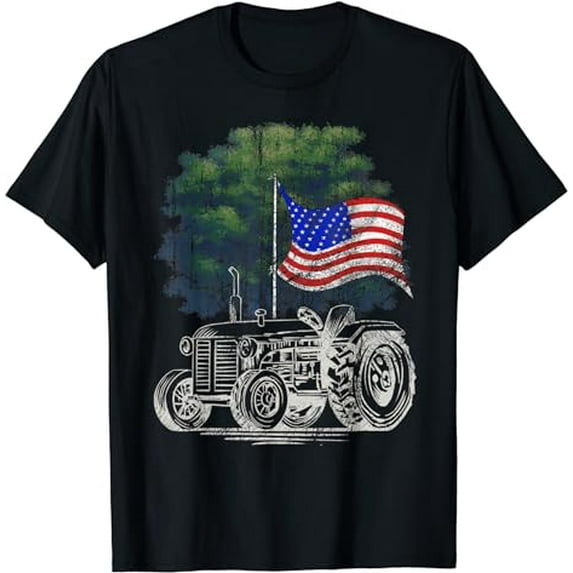 Vintage Farming Tractor American Flag Patriotic Farmer Farm T-Shirt