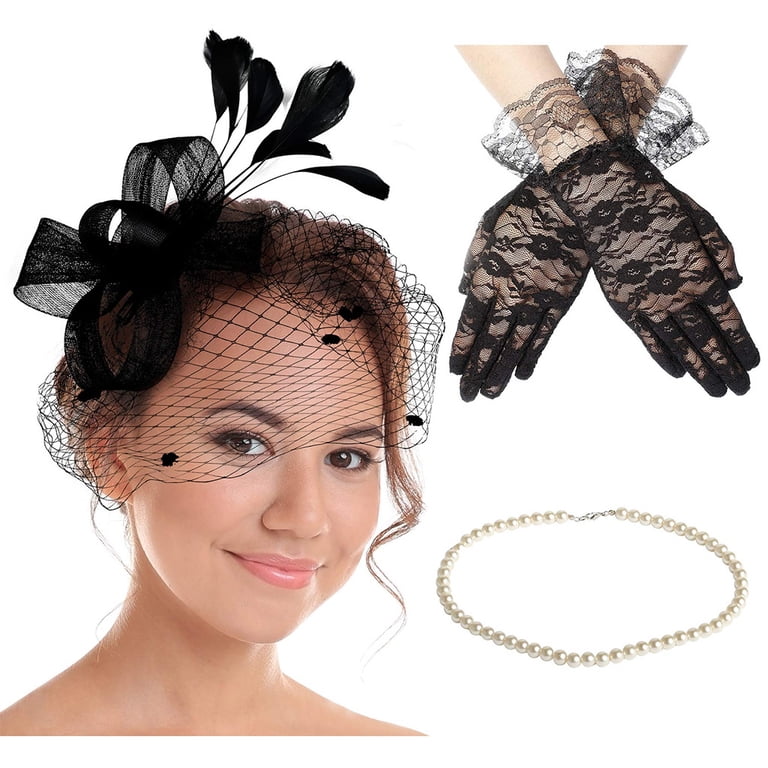 Women’s Vintage Fascinator Hat Set Mesh Gloves Pearls Earrings Gifts Women main image 3