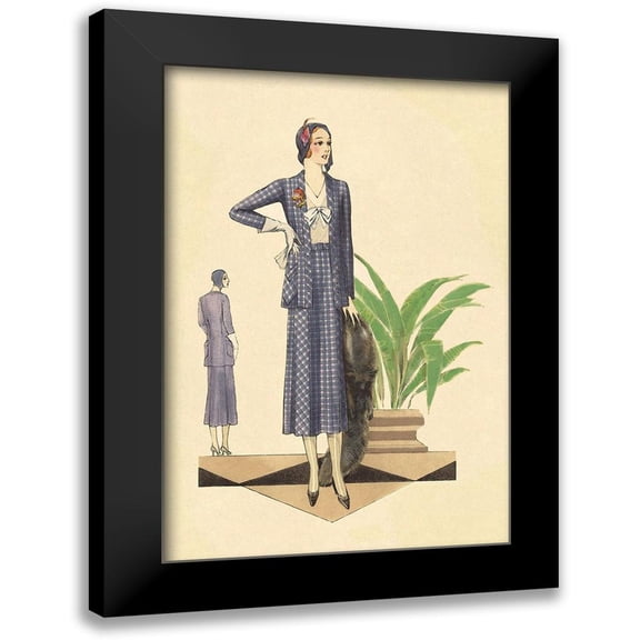 Vintage Fashion 11x14 Black Modern Framed Museum Art Print Titled - Blue Checkered Suit with Stole and Gloves