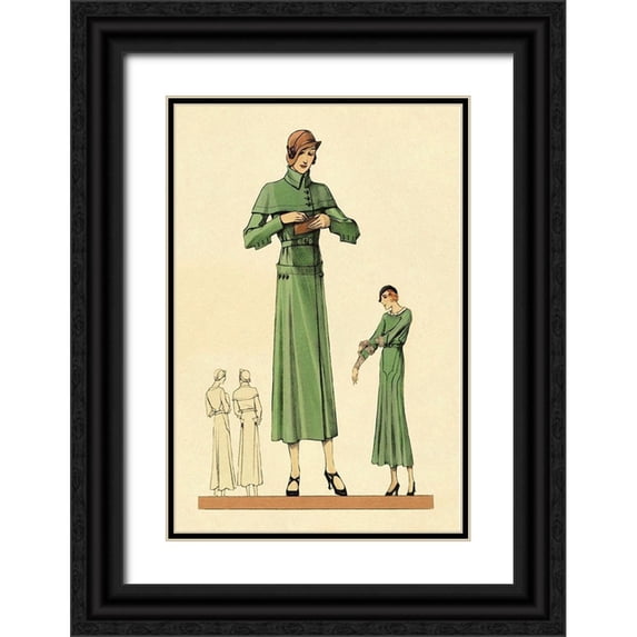 Vintage Fashion 11x14 Black Ornate Wood Framed with Double Matting Museum Art Print Titled - Emerald Dress and Overcoat