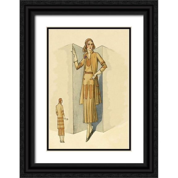 Vintage Fashion 11x14 Black Ornate Wood Framed with Double Matting Museum Art Print Titled - Sophisticated Daywear in Camel