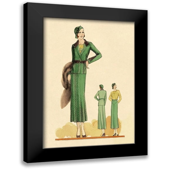 Vintage Fashion 17x24 Black Modern Framed Museum Art Print Titled - Sophisticated Green Suit with Stole