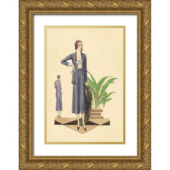 Vintage Fashion 17x24 Gold Ornate Wood Framed with Double Matting Museum Art Print Titled - Blue Checkered Suit with Stole and Gloves
