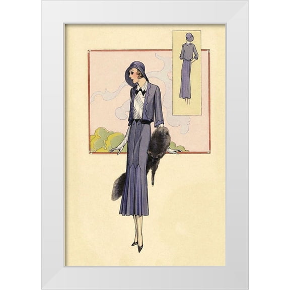 Vintage Fashion 23x32 White Modern Wood Framed Museum Art Print Titled - Stylish Blue Suit with Stole