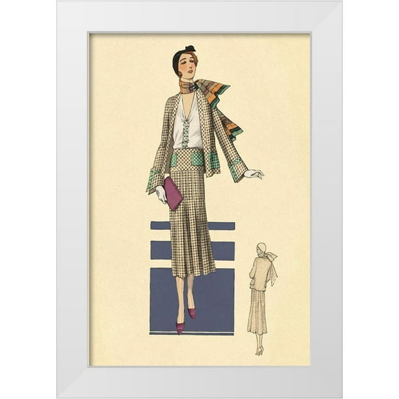 Vintage Fashion 23x32 White Modern Wood Framed Museum Art Print Titled - Stylish Daytime Suit and Scarf