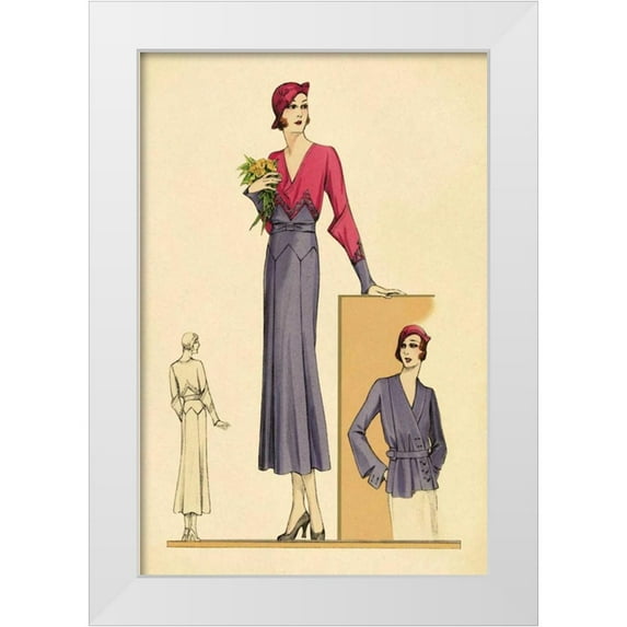 Vintage Fashion 23x32 White Modern Wood Framed Museum Art Print Titled - Sunday Dress in Periwinkle and Magenta