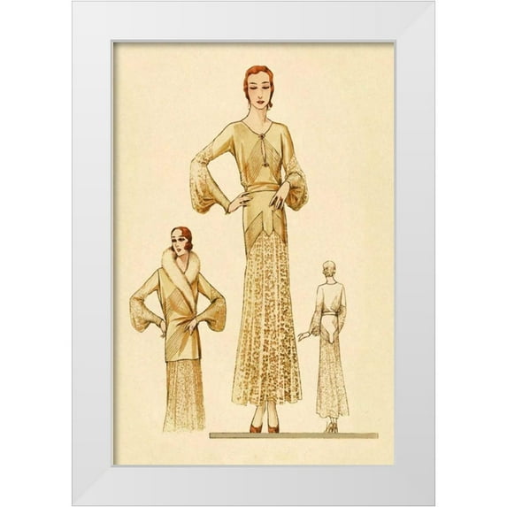 Vintage Fashion 23x32 White Modern Wood Framed Museum Art Print Titled - Winter Dress and Overcoat in Yellow