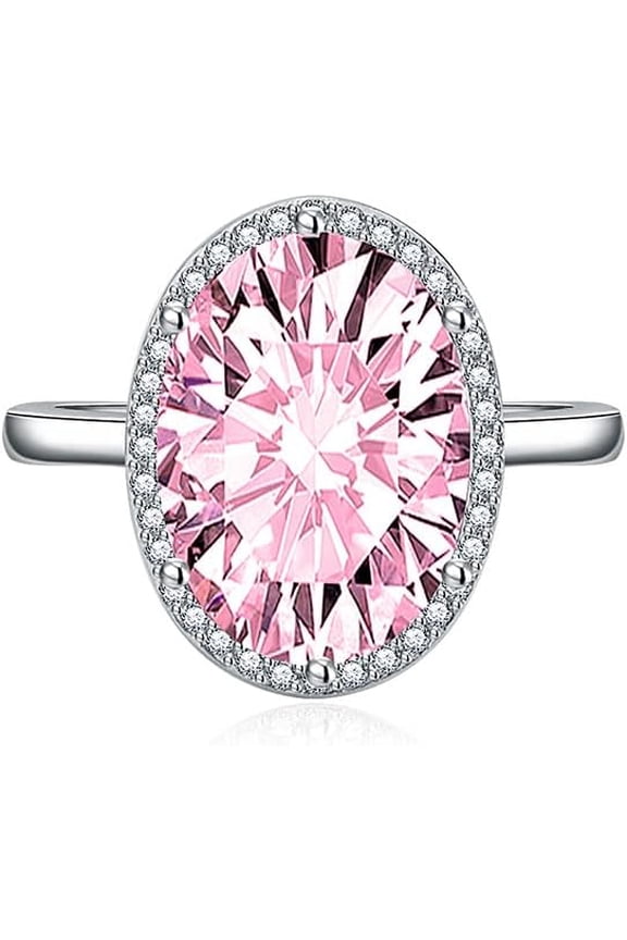 Vintage Fashion 925 Sterling Silver Shiny Full Diamond Gemstone Engagement Halo Ring for Women Radiant Cut Cubic Zirconia Wedding Band CZ Promise Anniversary Open Adjustable Ring(Pink)