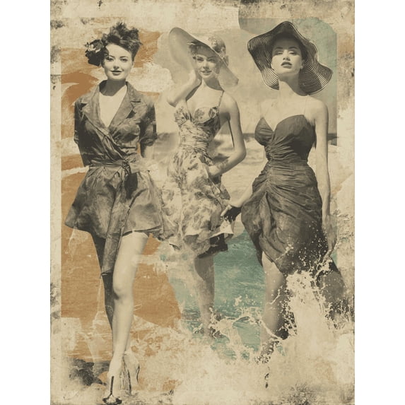 Vintage Fashion Beach Art Print, Retro Women Coastal Art for Living Room Bedroom Hotel Cafe Office