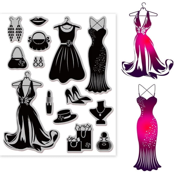 Vintage Fashion Clothes Cling Rubber Stamp Lady Dress 7x9inch Cling Stamps Embossing Stamp Seal for DIY Scrapbooking and Card Making Paper Craft Decor Mixed Color