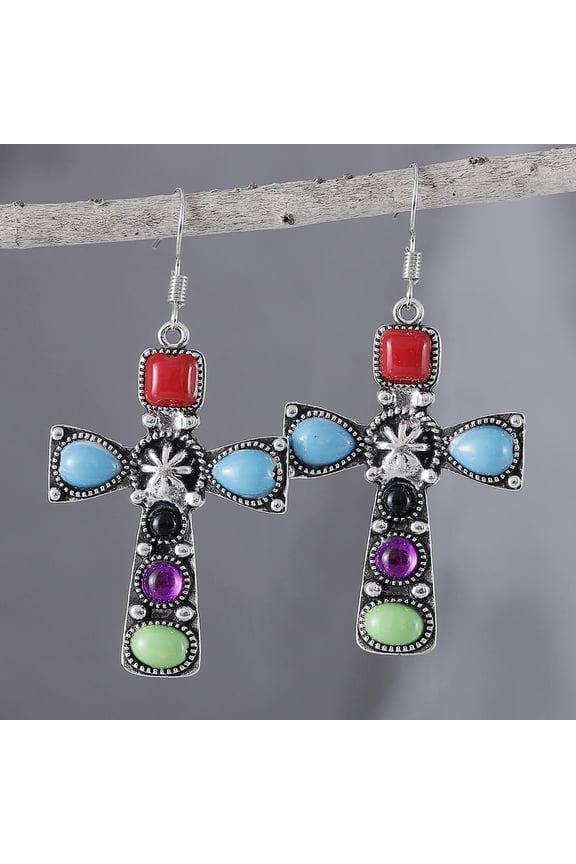 Vintage Fashion Cross Colored Natural Stone Earrings Personalized Bohemian Style Earrings Earrings