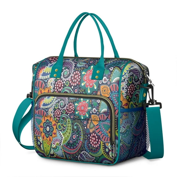 Vintage Fashion Lunch Box for Women, Floral Boho Reusable Insulated Tote with Adjustable Strap, Leakproof Lunch Cooler for Teachers or Travel Snacks