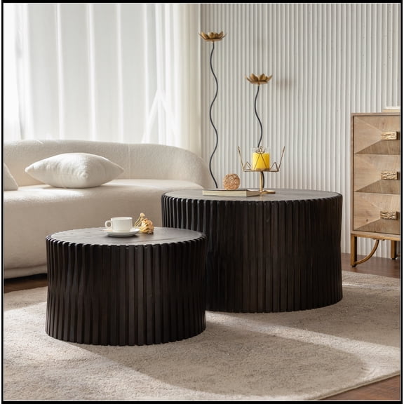 Vintage Fashion Style Cylindrical Nesting Coffee Table Set with Vertical Textured Embossed Design for Living Room, Office and Dining Room, Dark Brown (Set of 2)