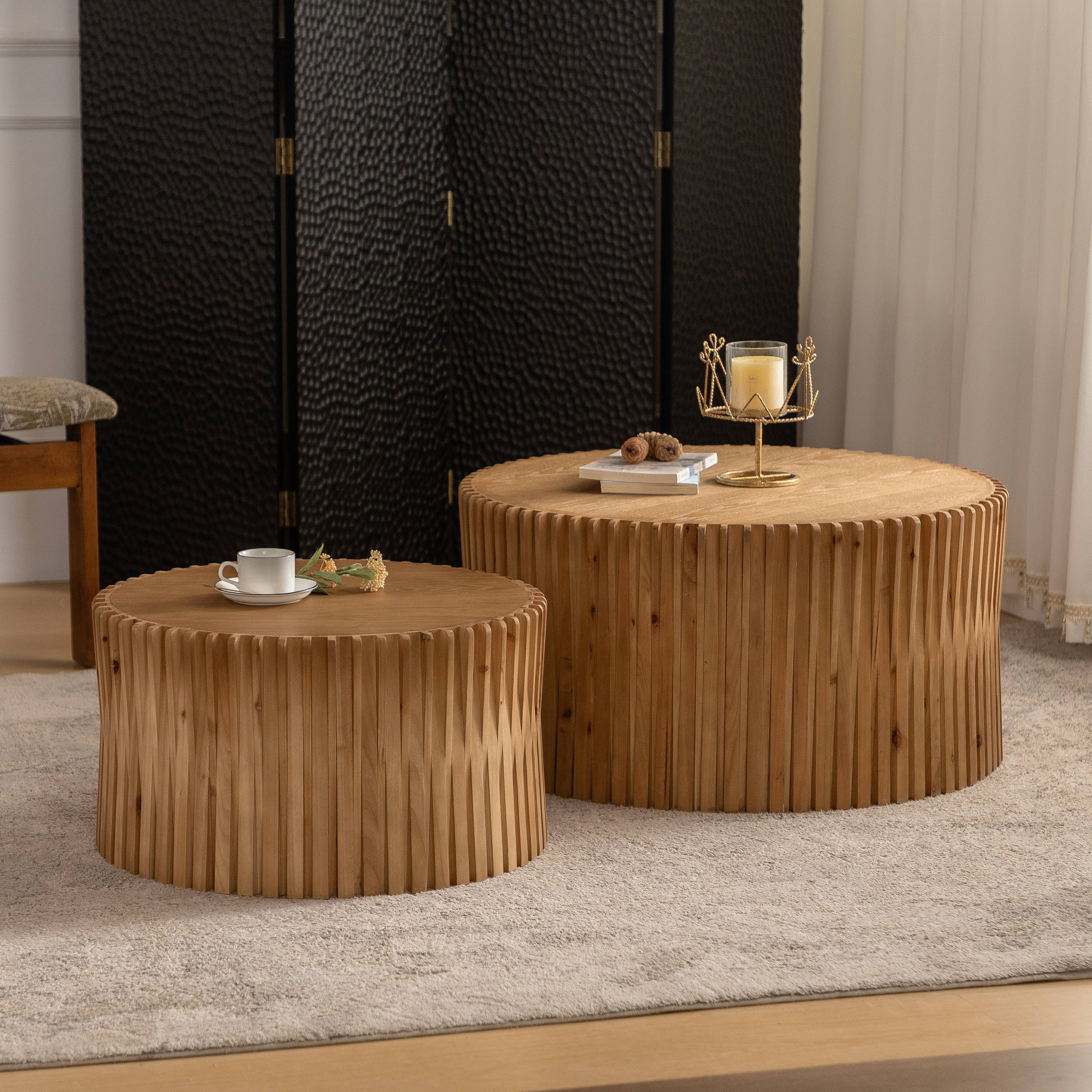Vintage Fashion Style Cylindrical Nesting Coffee Table Set with Vertical Textured Embossed Design for Living Room, Office and Dining Room, Natural (Set of 2), Length 31.5" and 23.62"