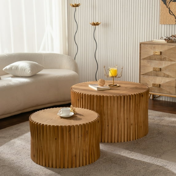 Vintage Fashion Style Cylindrical Nesting Coffee Table Set with Vertical Textured Embossed Design for Living Room, Office and Dining Room, Natural (Set of 2)