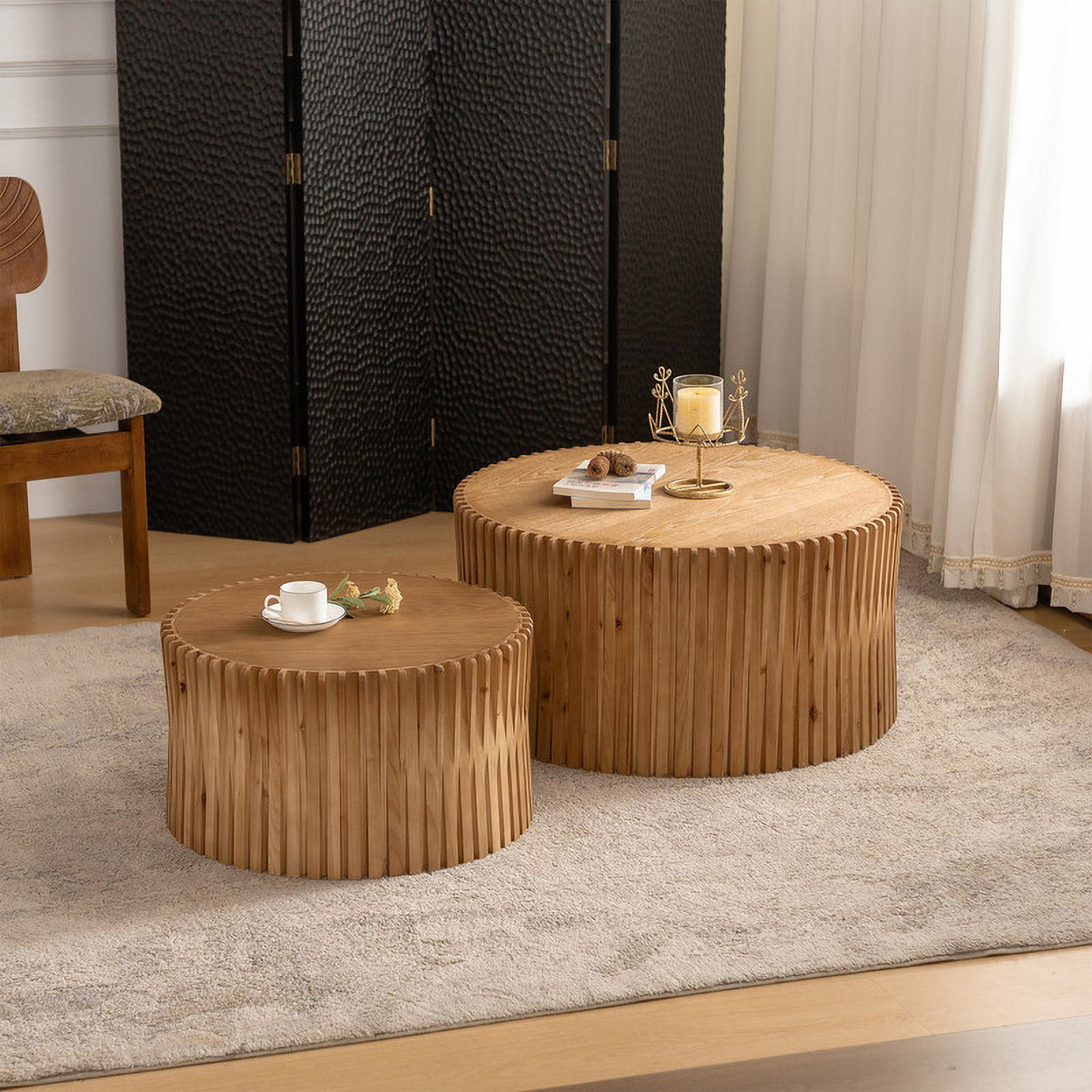 Natural Fir Wood Cylindrical Nesting Coffee Table Set