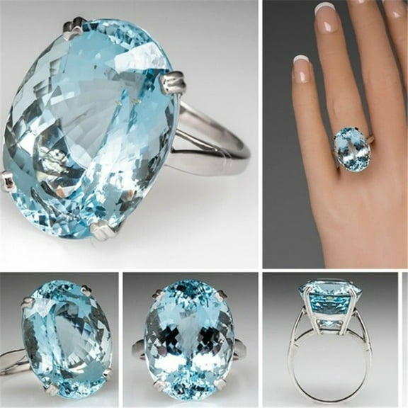 Vintage Fashion Women 925 Silver Large Oval Cut Aquamarine Gemstone Ring Engagement Wedding Jewelry Goose Egg Diamond Sea Blue Topaz Ring