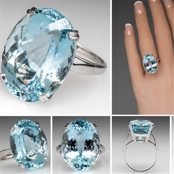Vintage Fashion Women 925 Silver Large Oval Cut Aquamarine Gemstone Ring Engagement Wedding Jewelry Goose Egg Diamond Sea Blue Topaz Ring