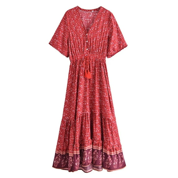 Vintage Fashion Women Flower Print V-neck Rayon Beach Bohemian Maxi Dress Ladies V Neck Tassel Summer Boho Dresses Robe